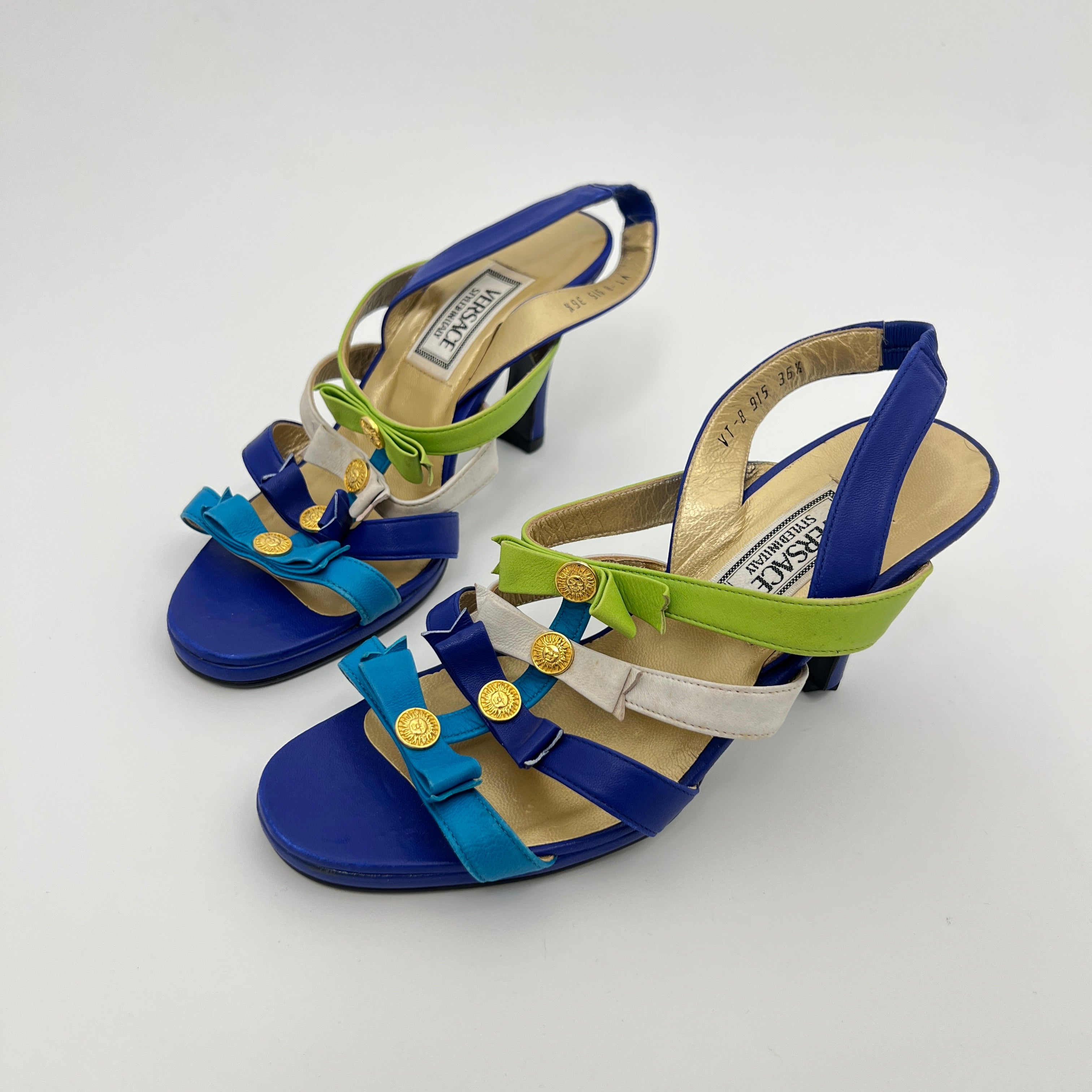 Versace | Vintage Blue Green Leather Gold Logo Strappy Sandal Heels (36.5)