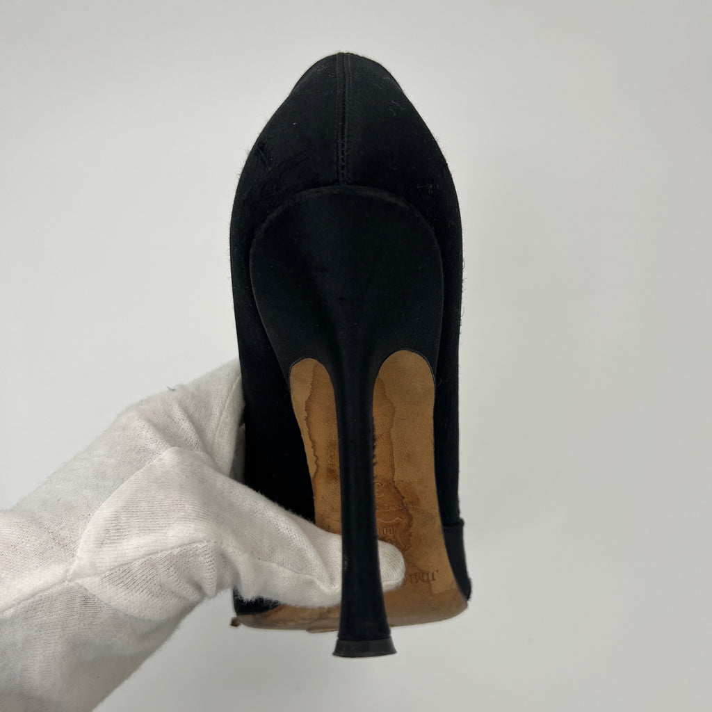 Jimmy Choo | Black Satin Crystal Brooch Peep Toe Stiletto Pumps (38)