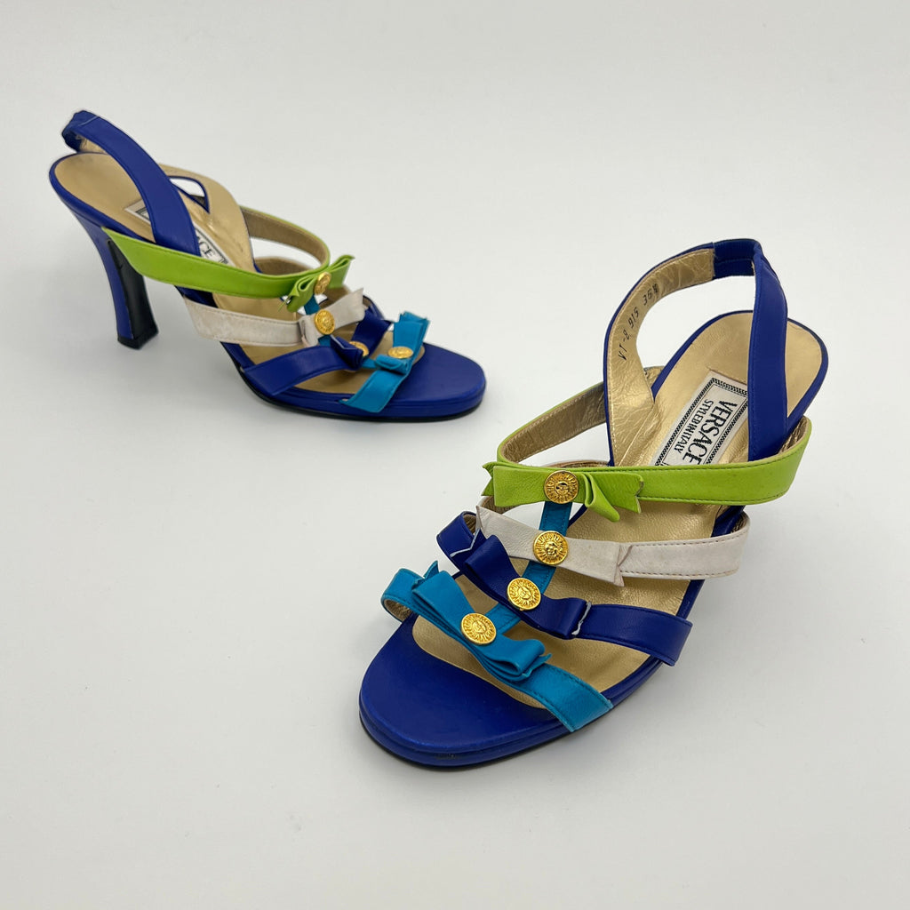 Versace | Vintage Blue Green Leather Gold Logo Strappy Sandal Heels (36.5)