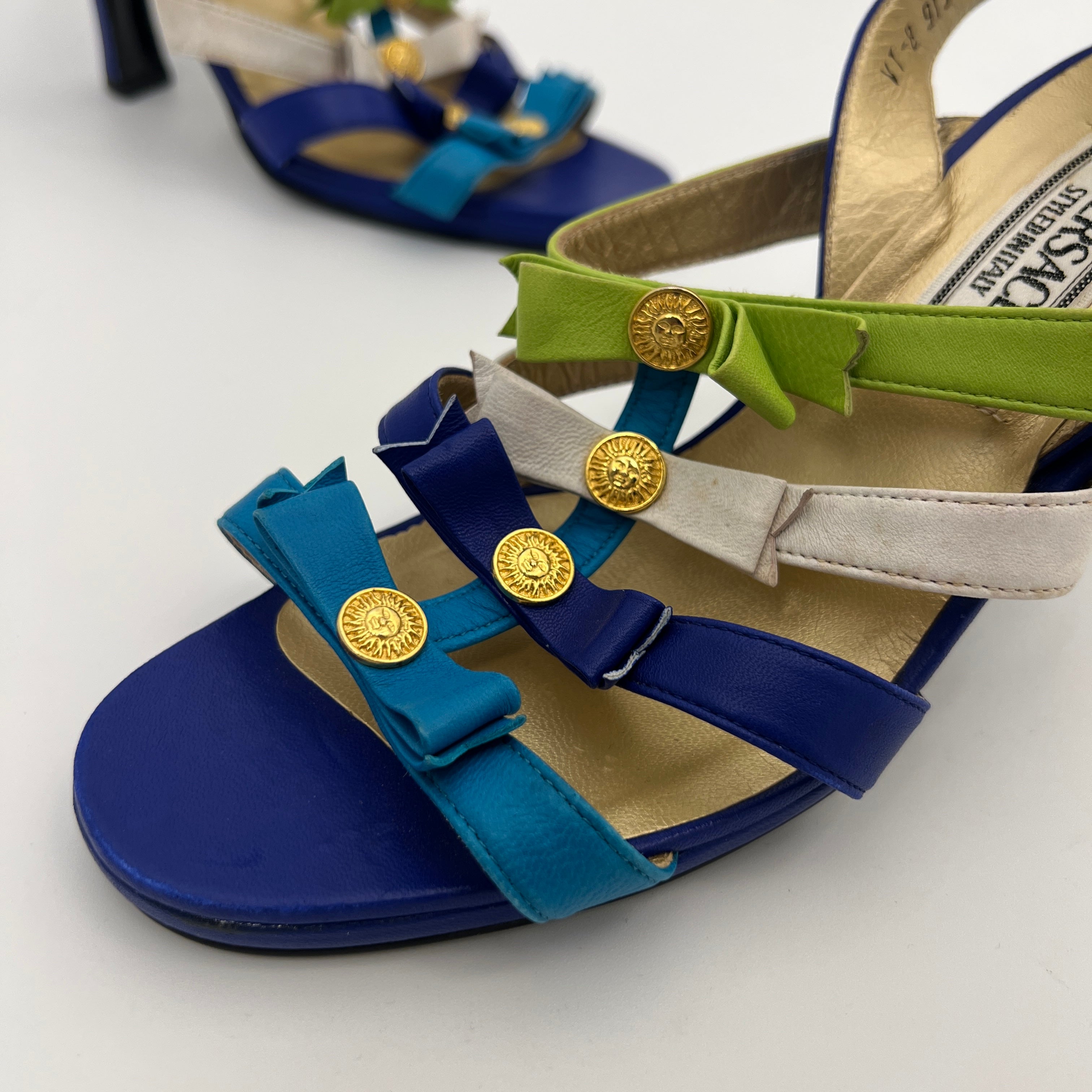Versace | Vintage Blue Green Leather Gold Logo Strappy Sandal Heels (36.5)