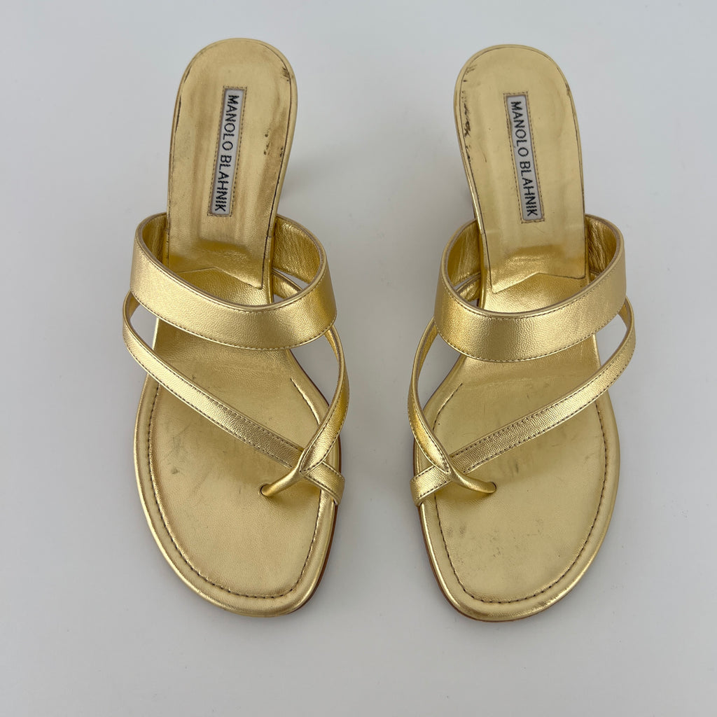 Manolo Blahnik | Susa 50 Metallic Gold Leather Thong Strappy Sandal (37)