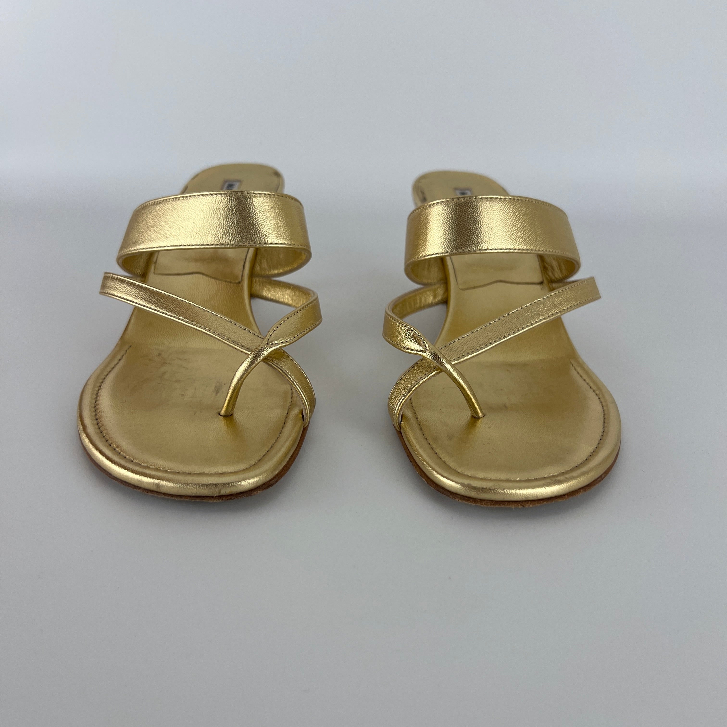 Manolo Blahnik | Susa 50 Metallic Gold Leather Thong Strappy Sandal (37)