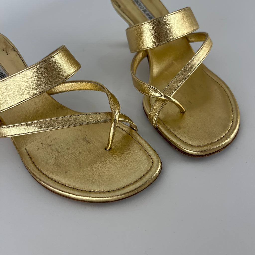 Manolo Blahnik | Susa 50 Metallic Gold Leather Thong Strappy Sandal (37)