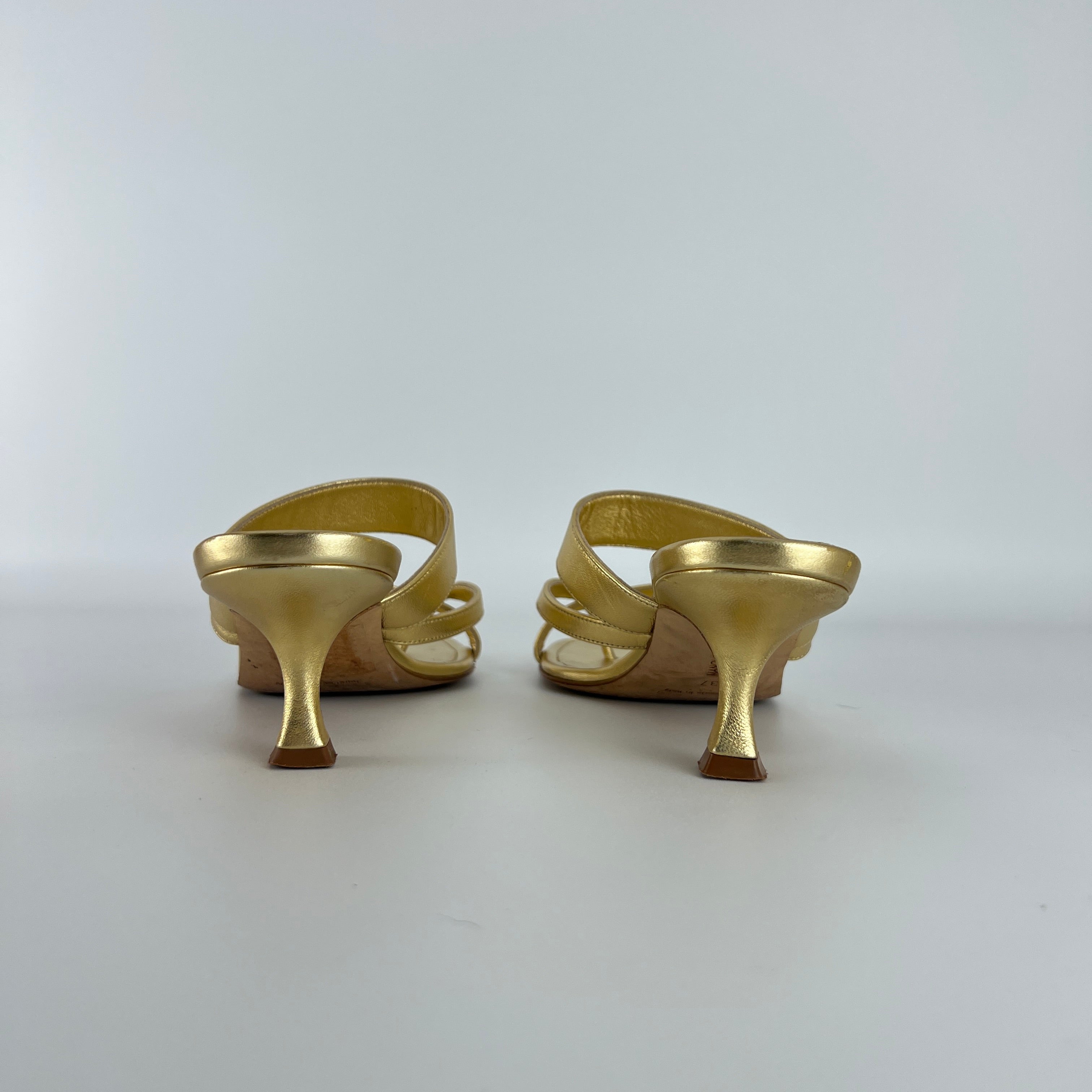 Manolo Blahnik | Susa 50 Metallic Gold Leather Thong Strappy Sandal (37)