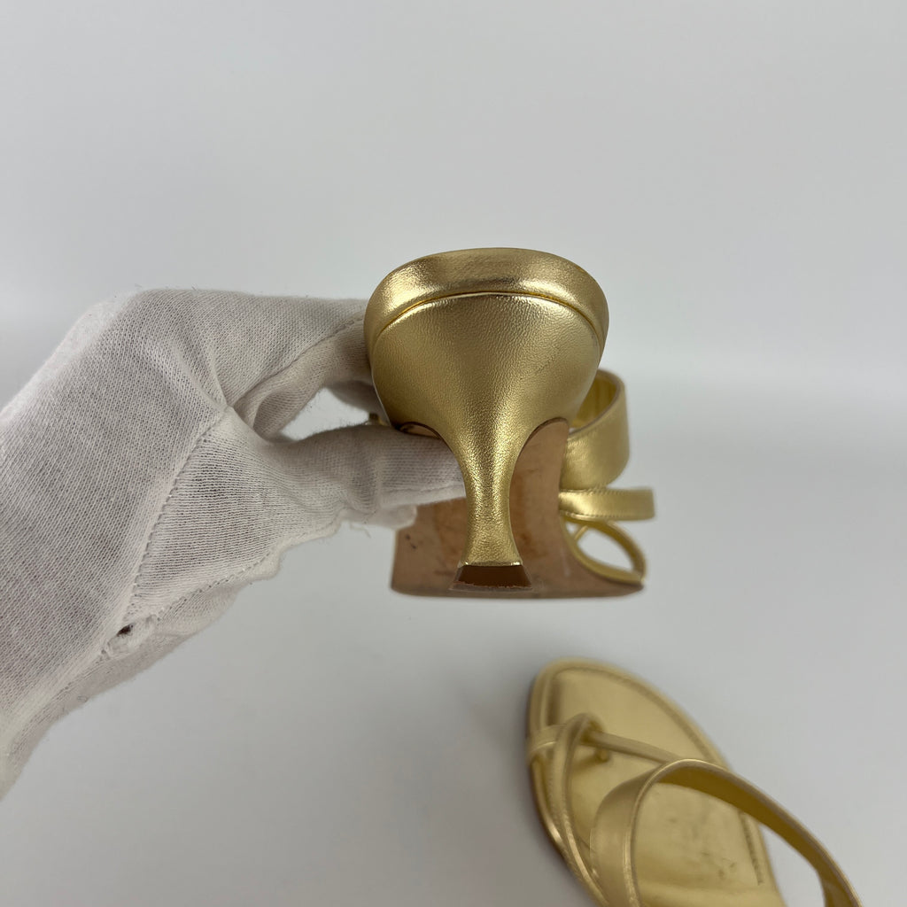 Manolo Blahnik | Susa 50 Metallic Gold Leather Thong Strappy Sandal (37)