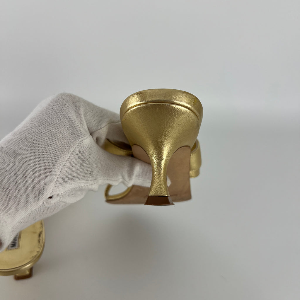 Manolo Blahnik | Susa 50 Metallic Gold Leather Thong Strappy Sandal (37)