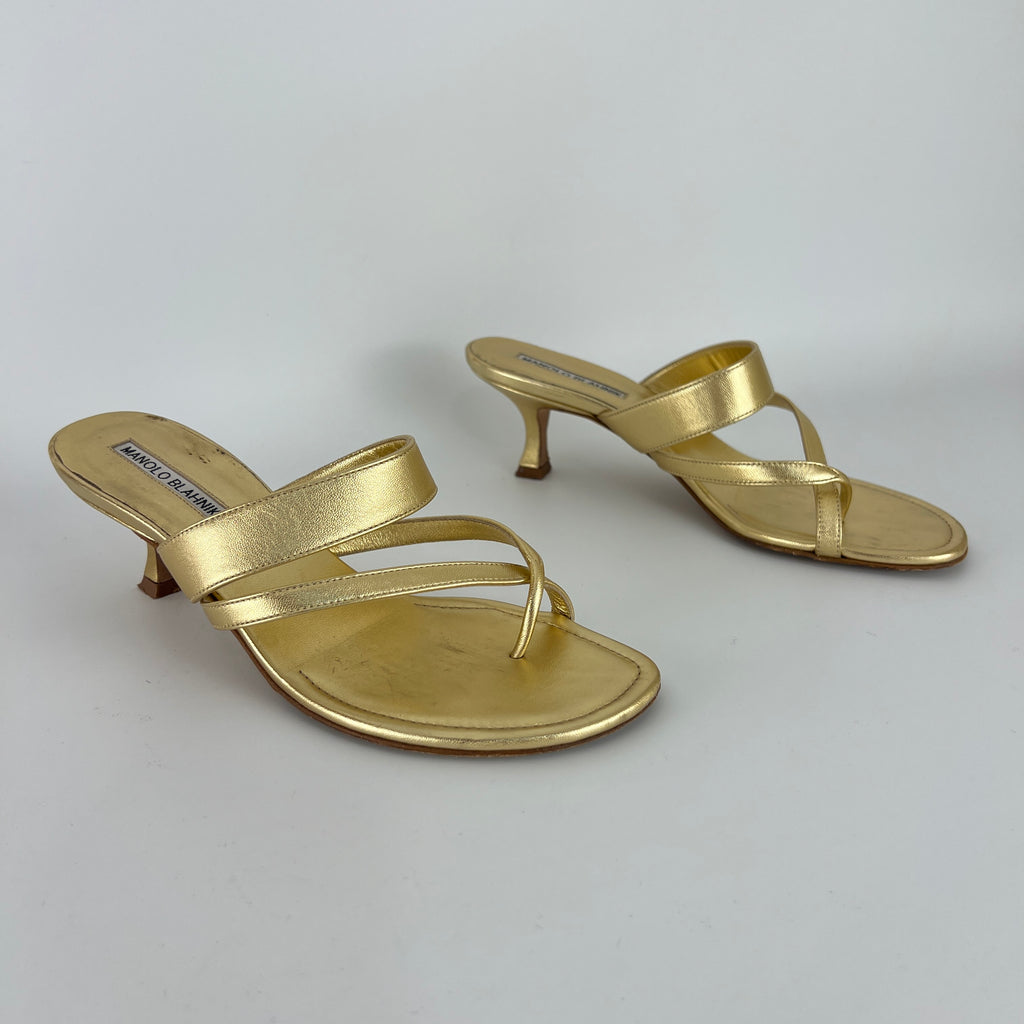 Manolo Blahnik | Susa 50 Metallic Gold Leather Thong Strappy Sandal (37)