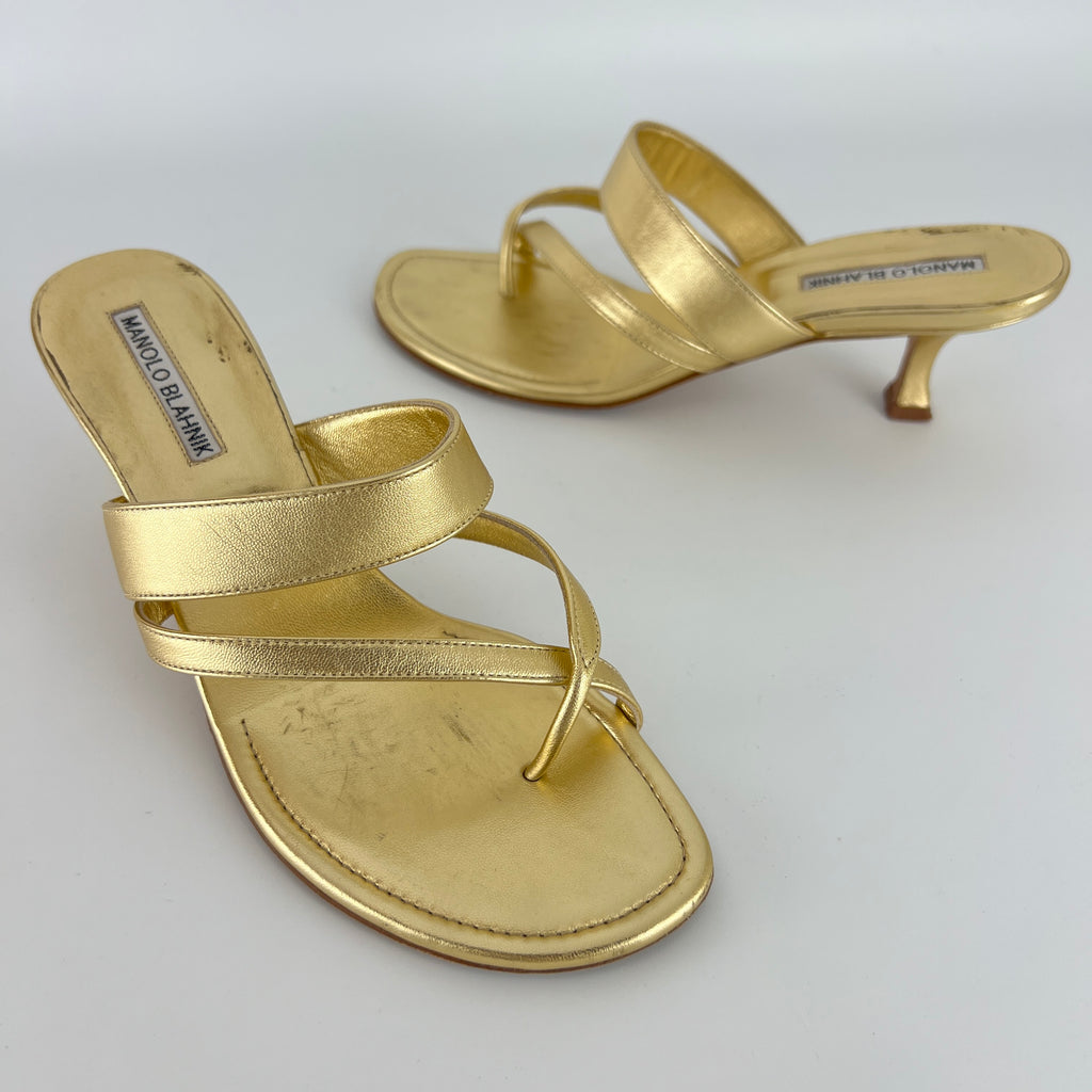 Manolo Blahnik | Susa 50 Metallic Gold Leather Thong Strappy Sandal (37)
