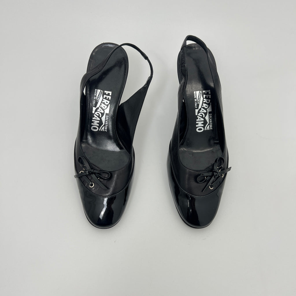 Ferragamo | Black Patent Leather Ribbon Slingback Round Toe Heels (35.5)
