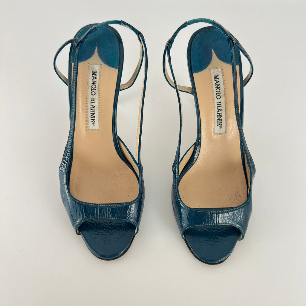 Manolo Blahnik | Blue Patent Leather Strappy Slingback Heels (36)