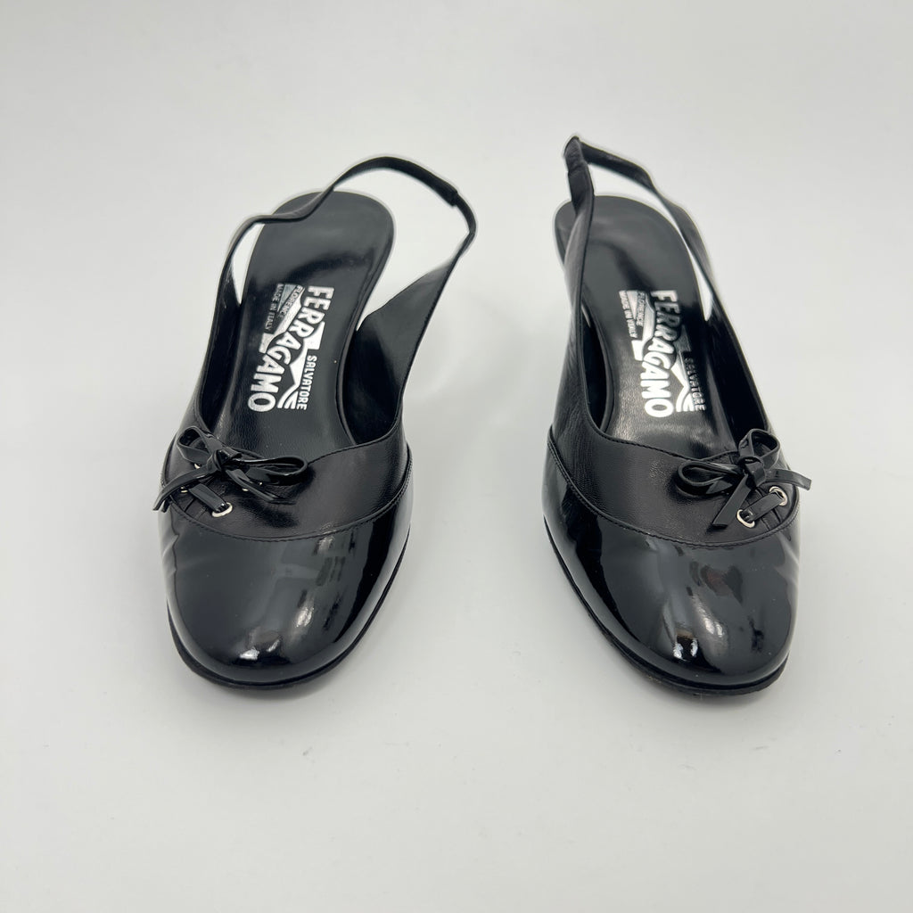Ferragamo | Black Patent Leather Ribbon Slingback Round Toe Heels (35.5)