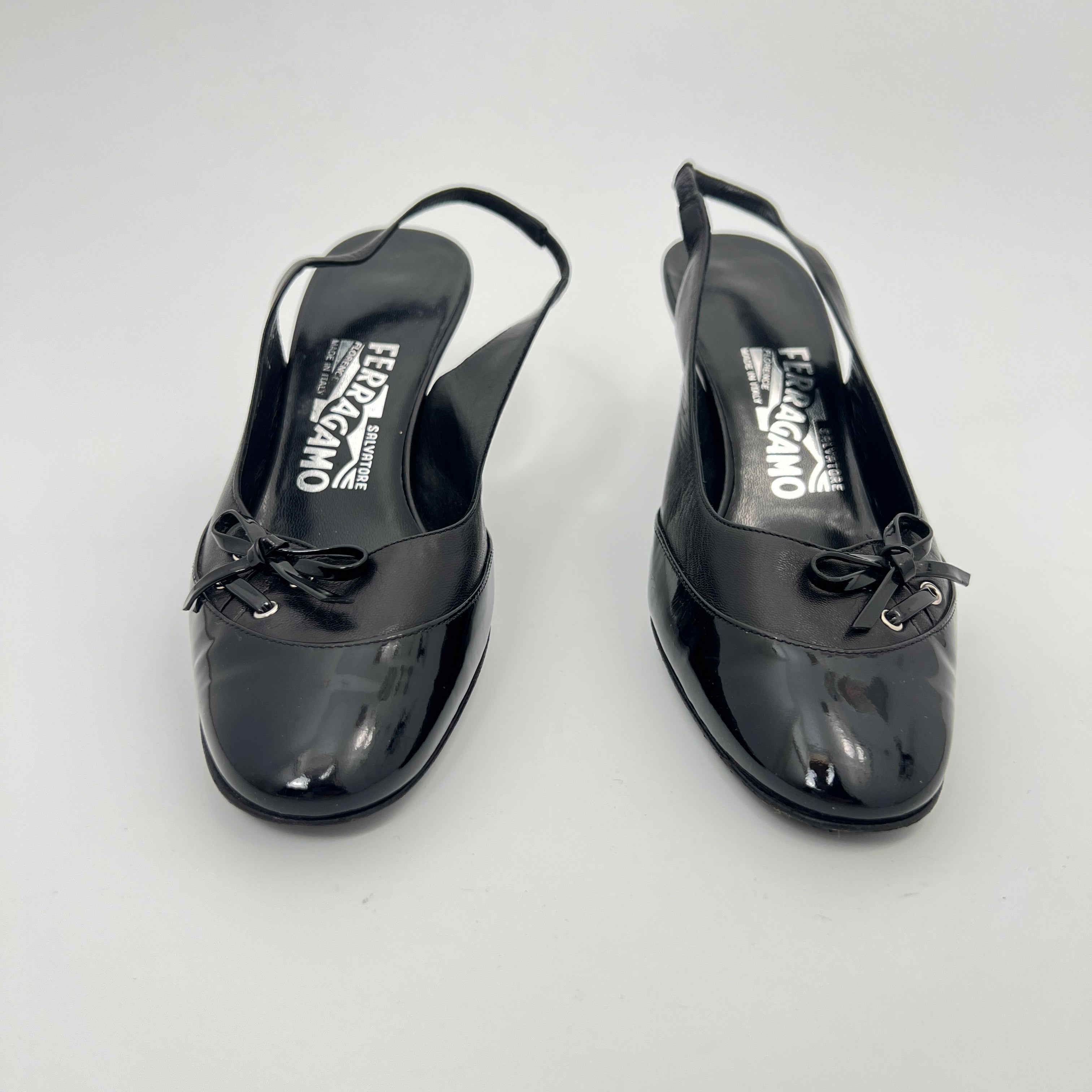 Ferragamo | Black Patent Leather Ribbon Slingback Round Toe Heels (35.5)
