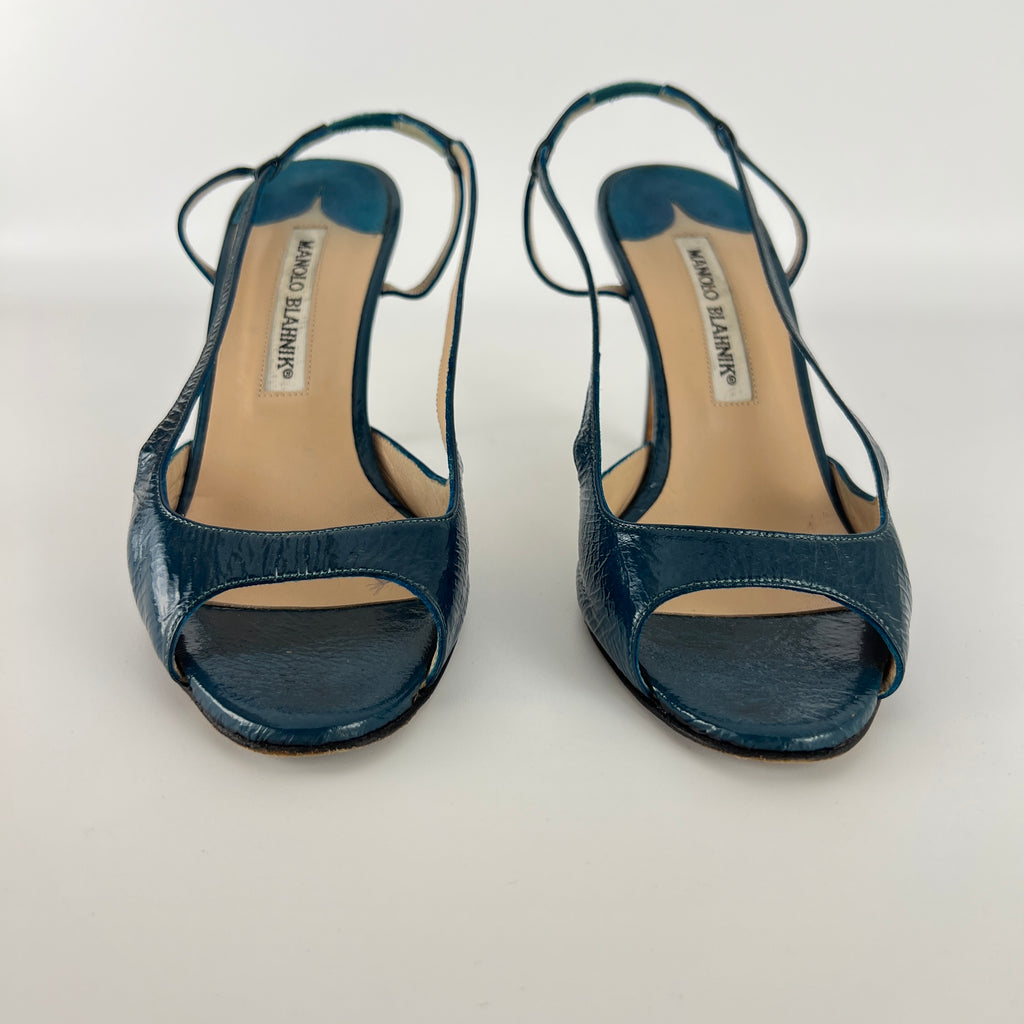 Manolo Blahnik | Blue Patent Leather Strappy Slingback Heels (36)