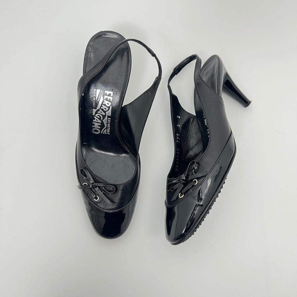 Ferragamo | Black Patent Leather Ribbon Slingback Round Toe Heels (35.5)