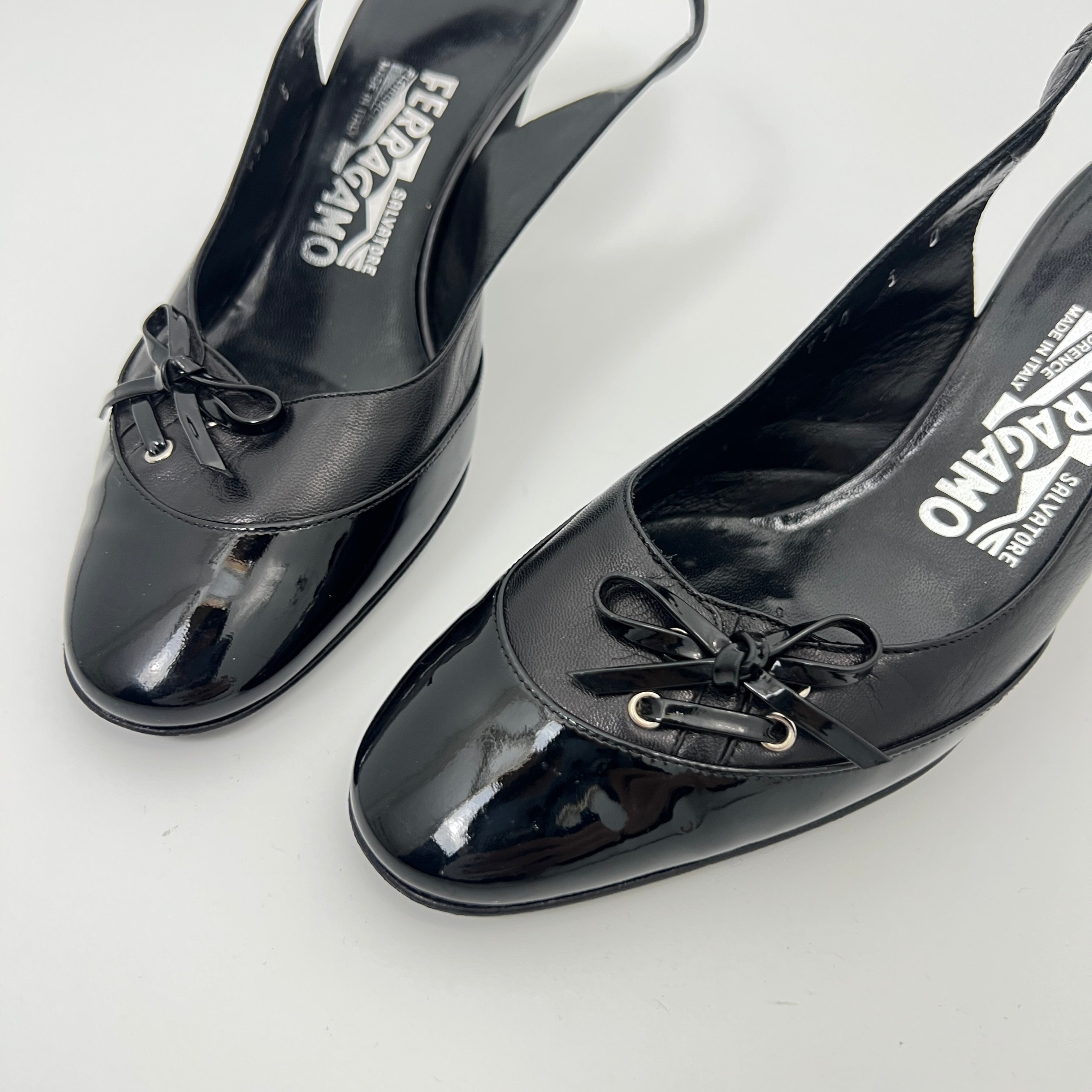 Ferragamo | Black Patent Leather Ribbon Slingback Round Toe Heels (35.5)