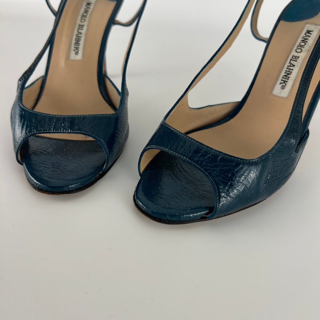 Manolo Blahnik | Blue Patent Leather Strappy Slingback Heels (36)