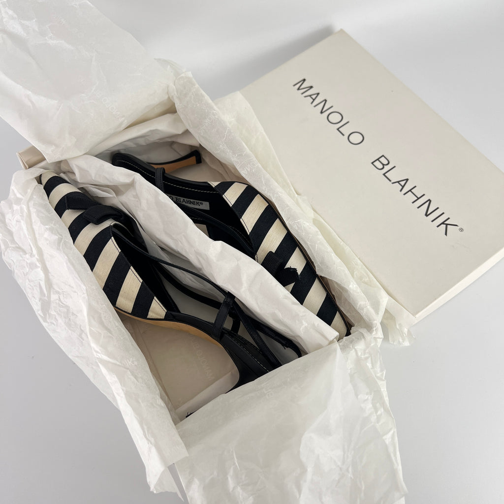 Manolo Blahnik | Galop Black White Stripe Bow Canvas Leather Slingback Heels (39.5)