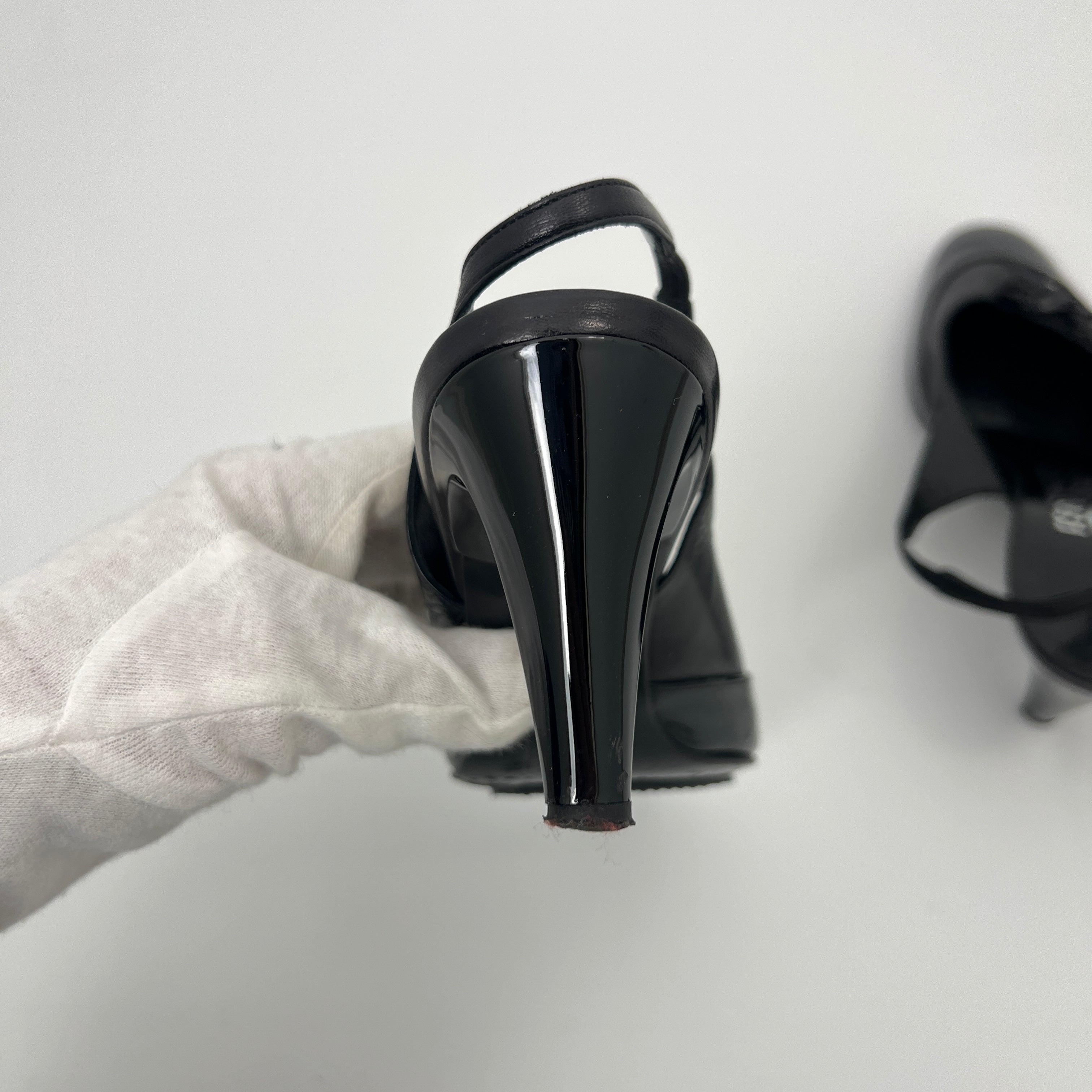 Ferragamo | Black Patent Leather Ribbon Slingback Round Toe Heels (35.5)
