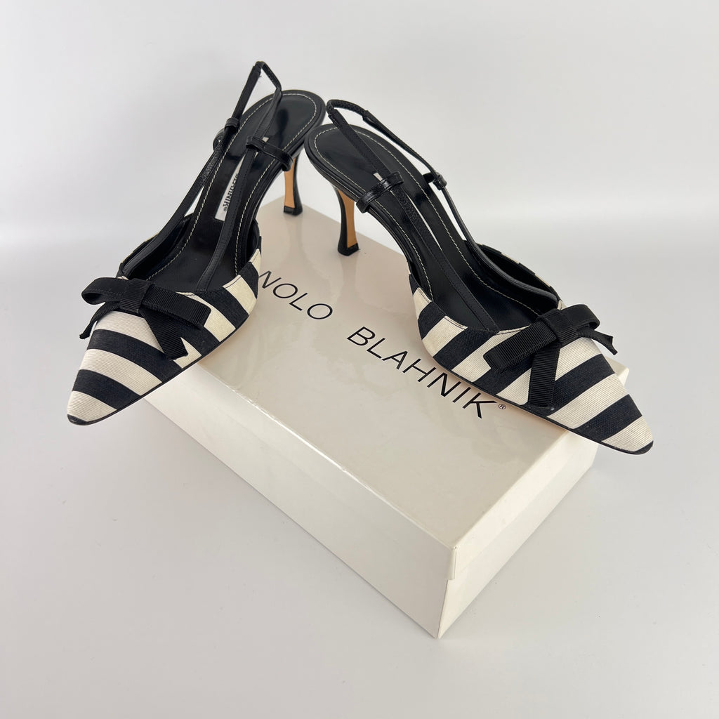 Manolo Blahnik | Galop Black White Stripe Bow Canvas Leather Slingback Heels (39.5)