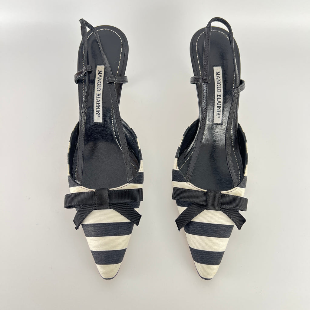 Manolo Blahnik | Galop Black White Stripe Bow Canvas Leather Slingback Heels (39.5)