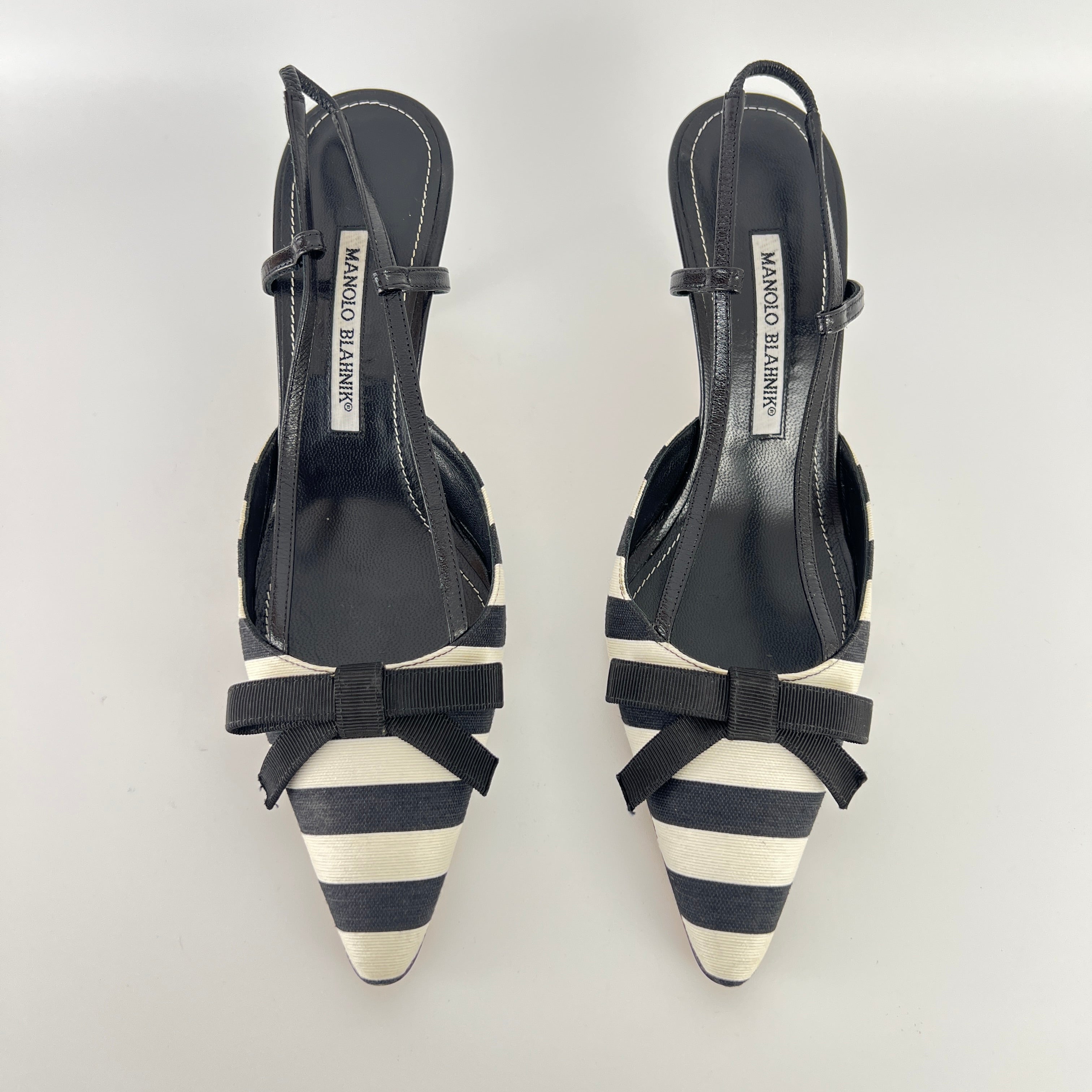 Manolo Blahnik | Galop Black White Stripe Bow Canvas Leather Slingback Heels (39.5)