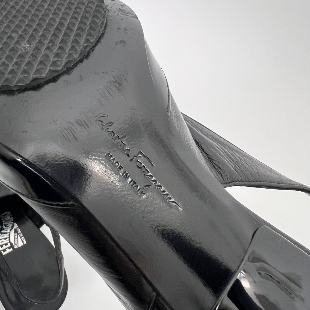 Ferragamo | Black Patent Leather Ribbon Slingback Round Toe Heels (35.5)