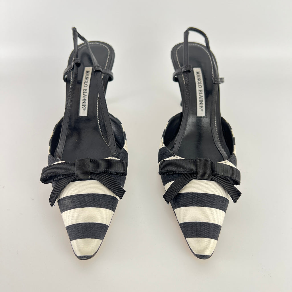Manolo Blahnik | Galop Black White Stripe Bow Canvas Leather Slingback Heels (39.5)
