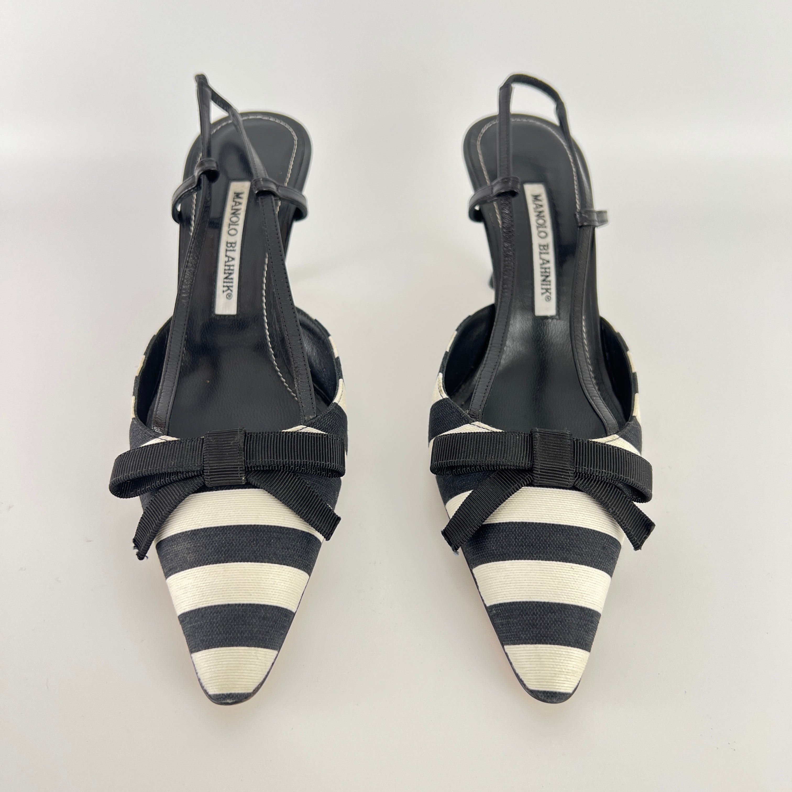 Manolo Blahnik | Galop Black White Stripe Bow Canvas Leather Slingback Heels (39.5)