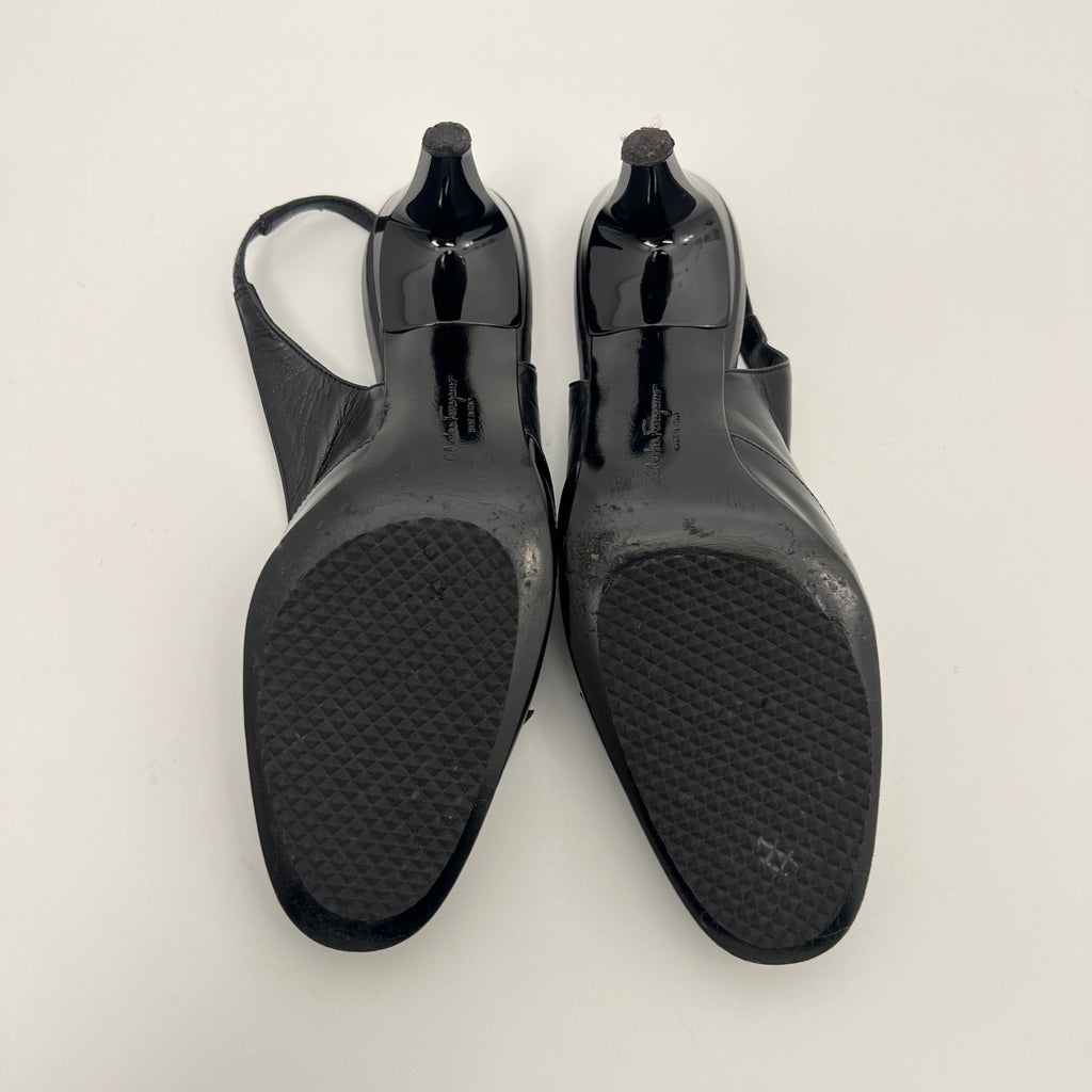 Ferragamo | Black Patent Leather Ribbon Slingback Round Toe Heels (35.5)