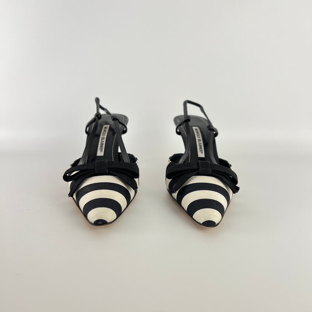 Manolo Blahnik | Galop Black White Stripe Bow Canvas Leather Slingback Heels (39.5)