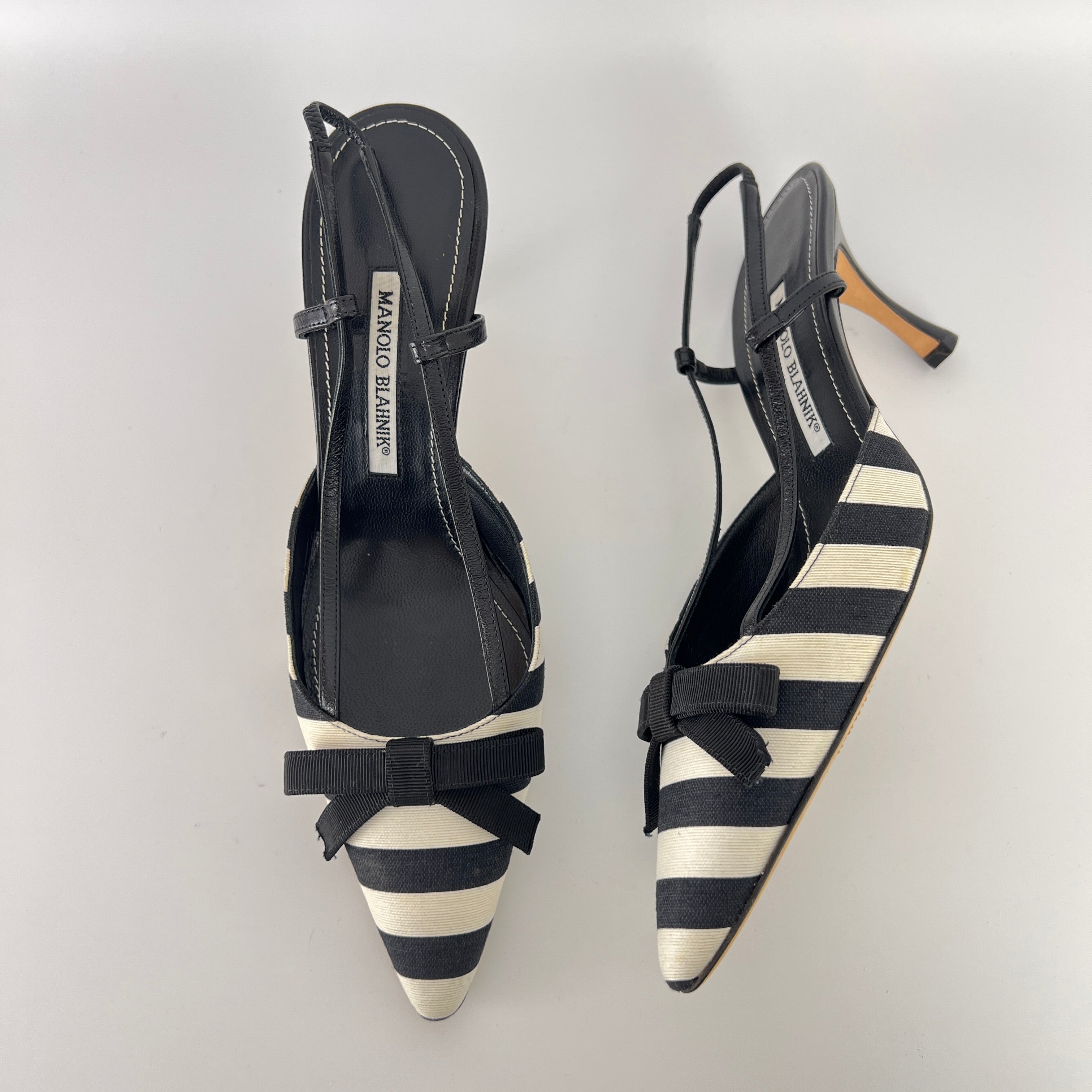 Manolo Blahnik | Galop Black White Stripe Bow Canvas Leather Slingback Heels (39.5)