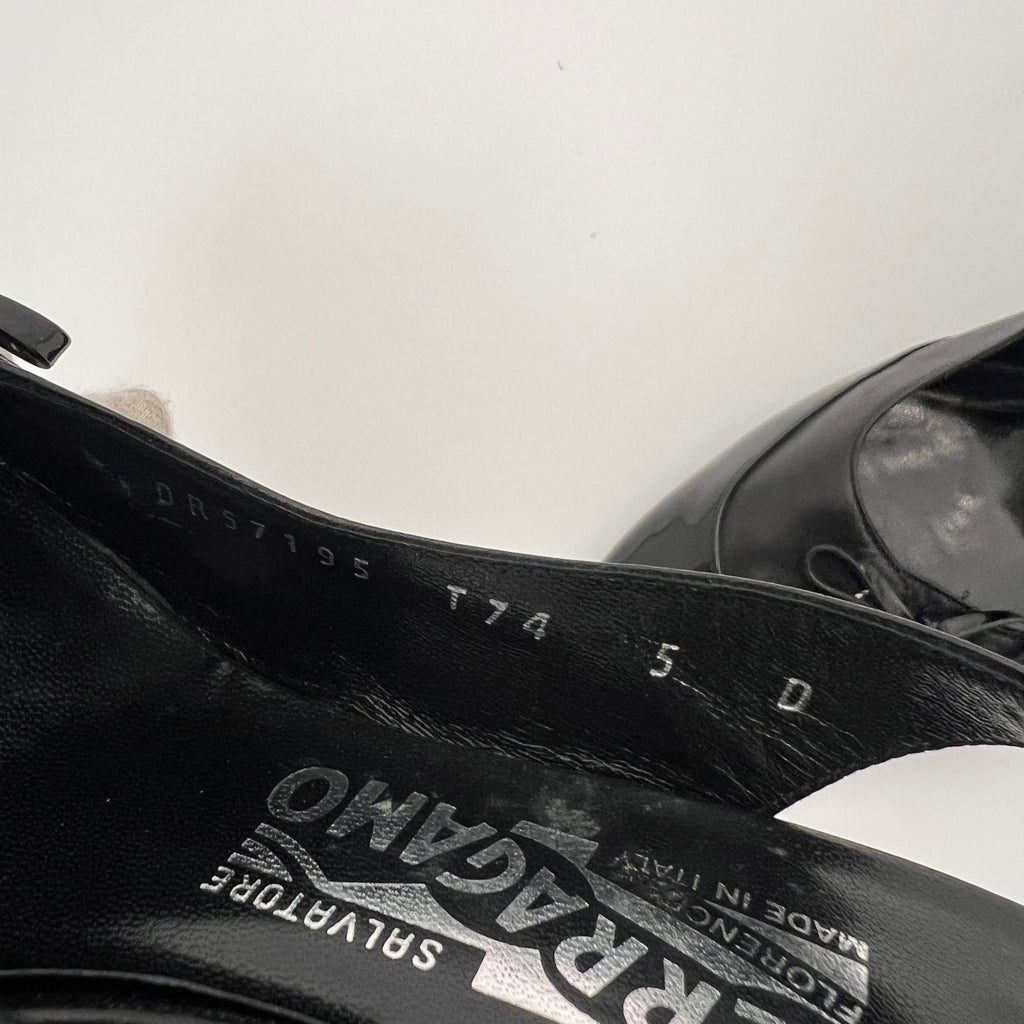 Ferragamo | Black Patent Leather Ribbon Slingback Round Toe Heels (35.5)