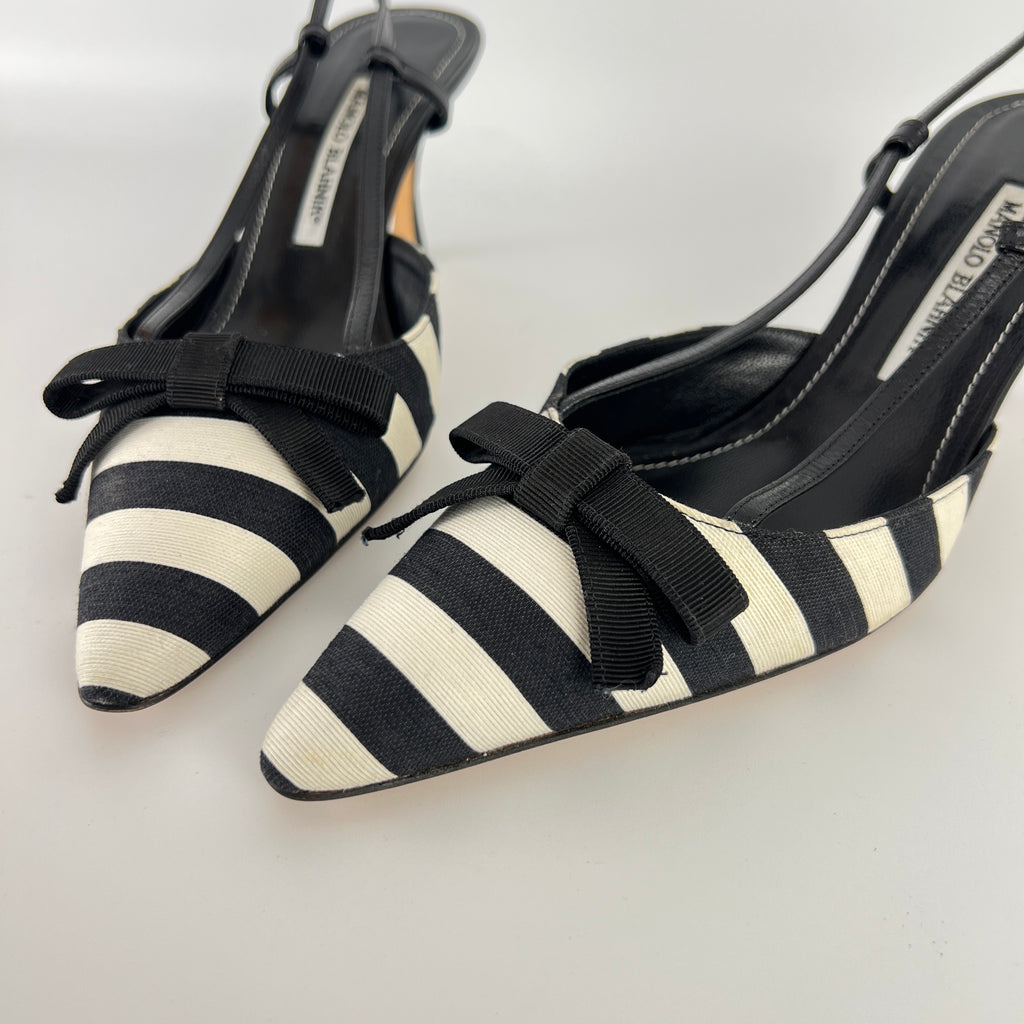 Manolo Blahnik | Galop Black White Stripe Bow Canvas Leather Slingback Heels (39.5)