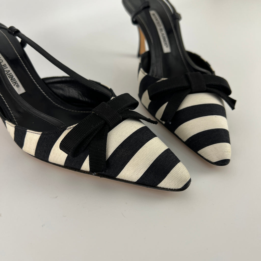 Manolo Blahnik | Galop Black White Stripe Bow Canvas Leather Slingback Heels (39.5)