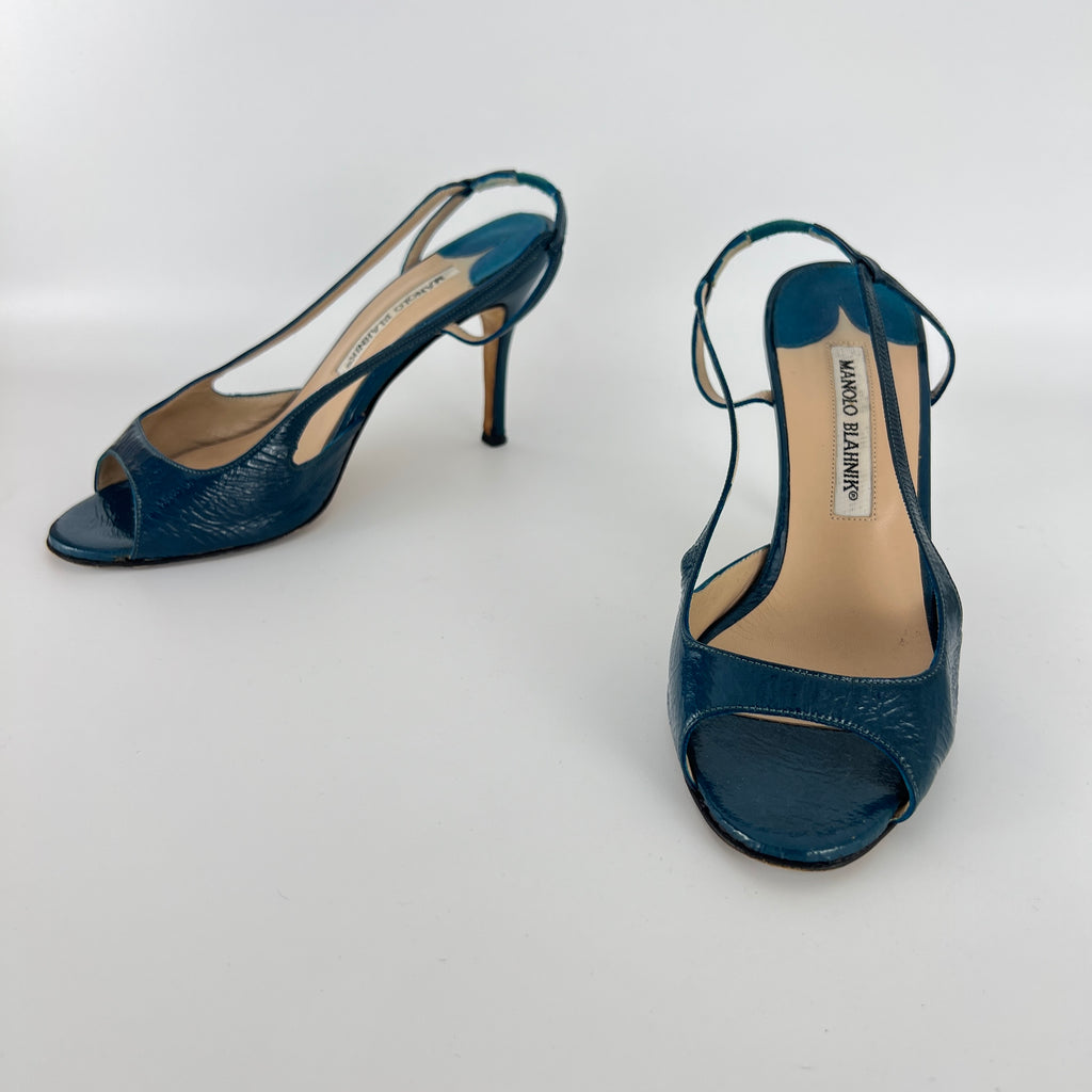 Manolo Blahnik | Blue Patent Leather Strappy Slingback Heels (36)