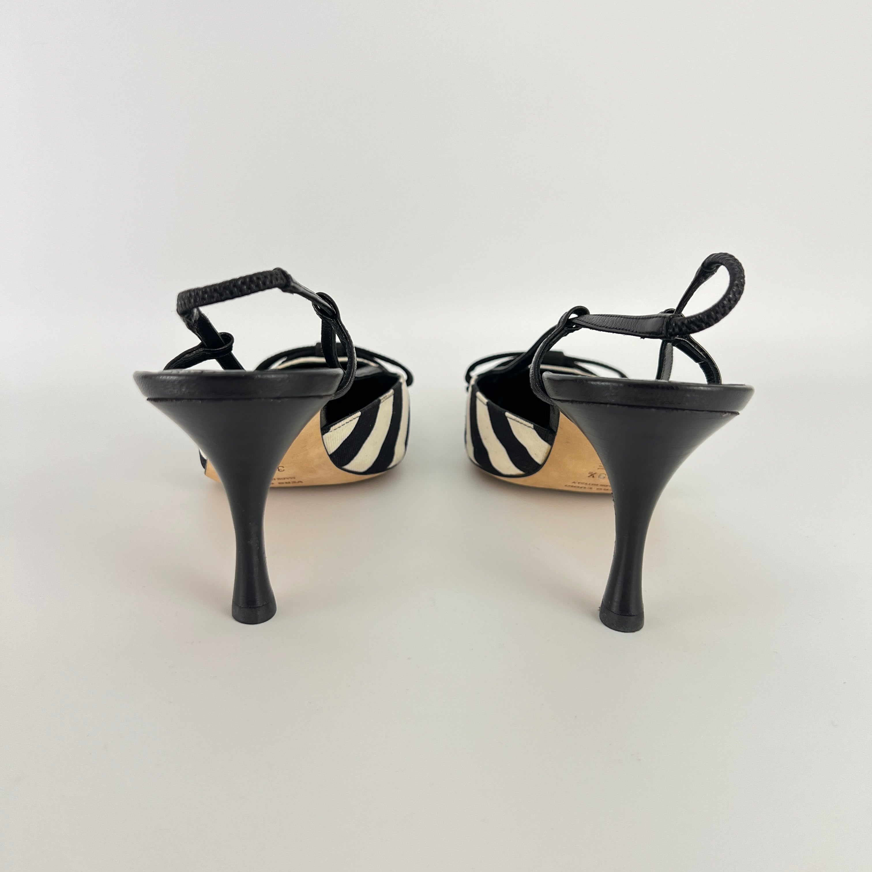 Manolo Blahnik | Galop Black White Stripe Bow Canvas Leather Slingback Heels (39.5)