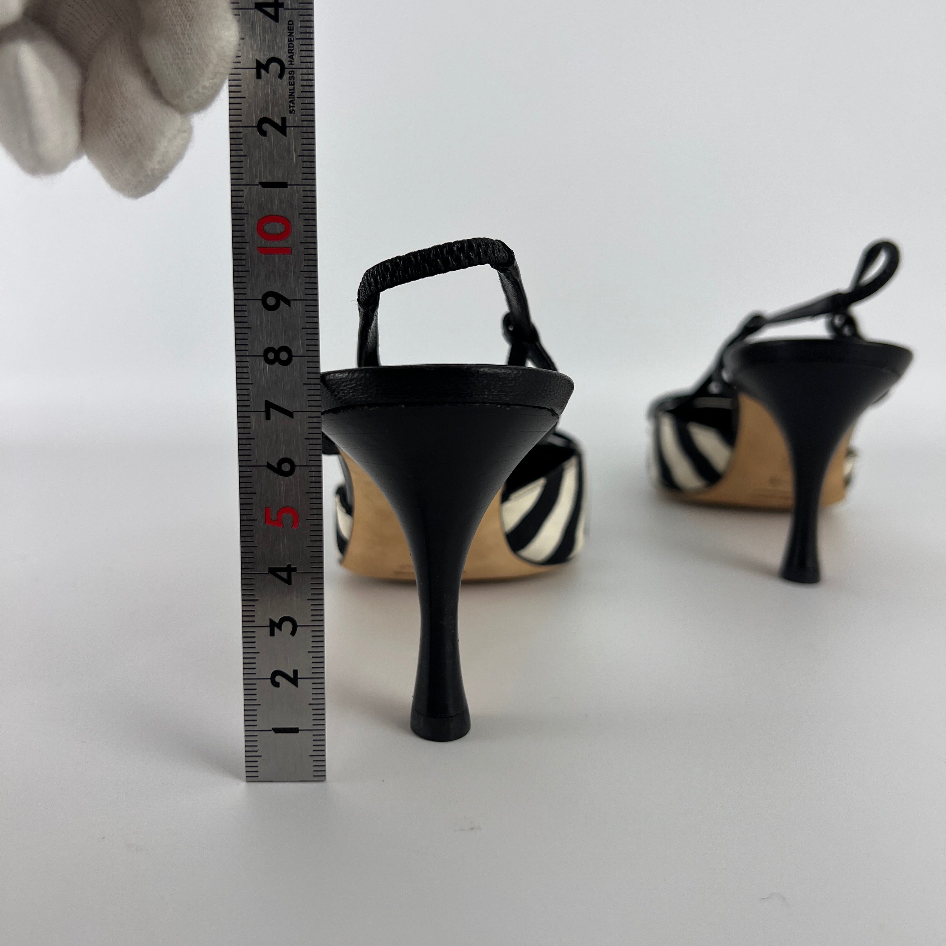 Manolo Blahnik | Galop Black White Stripe Bow Canvas Leather Slingback Heels (39.5)