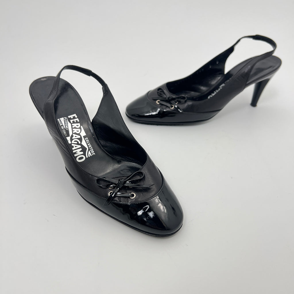 Ferragamo | Black Patent Leather Ribbon Slingback Round Toe Heels (35.5)
