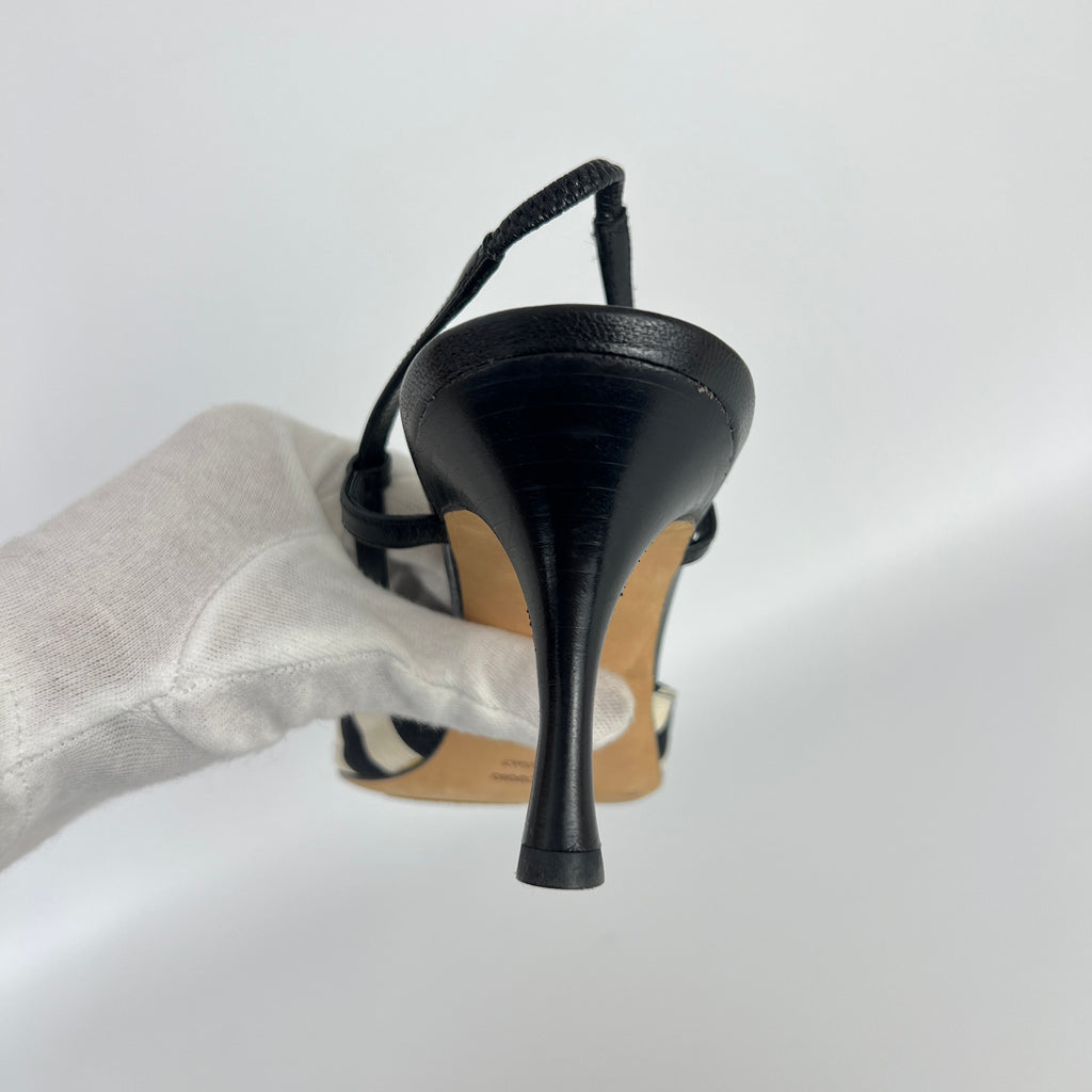 Manolo Blahnik | Galop Black White Stripe Bow Canvas Leather Slingback Heels (39.5)