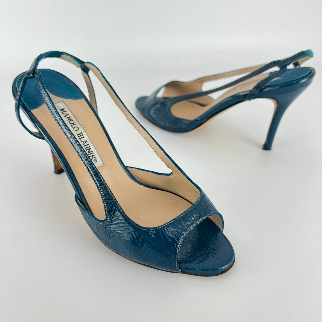 Manolo Blahnik | Blue Patent Leather Strappy Slingback Heels (36)