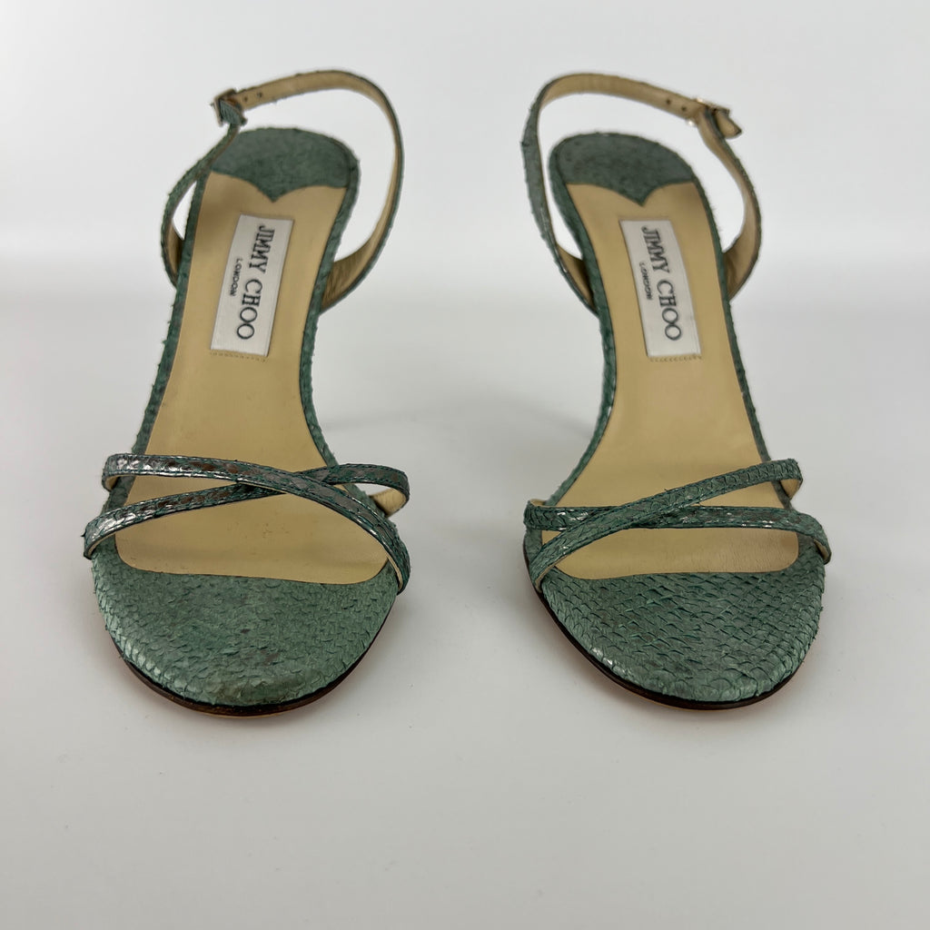Jimmy Choo | Vintage Metallic Green Snake Leather Sandal Slingback (39.5)