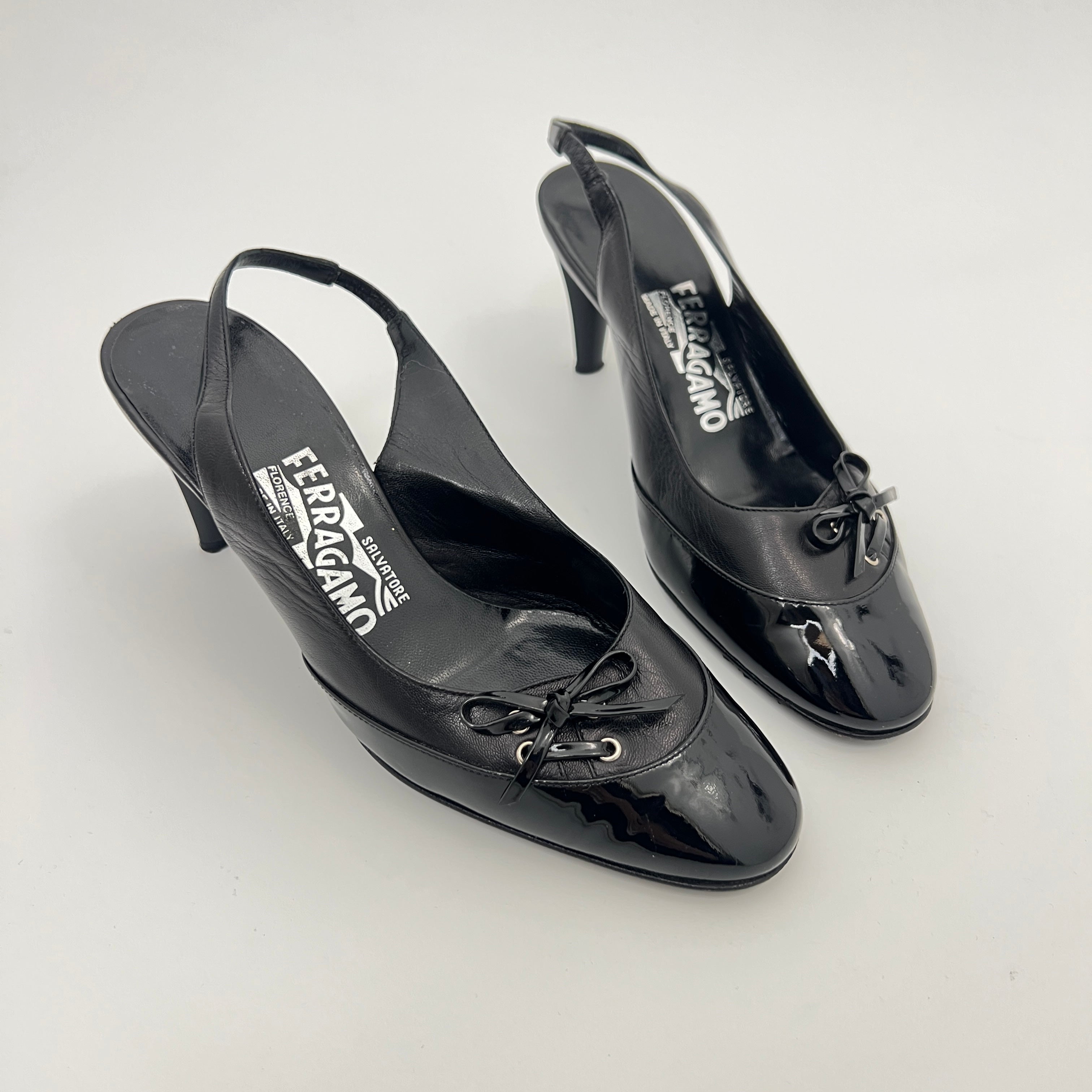Ferragamo | Black Patent Leather Ribbon Slingback Round Toe Heels (35.5)
