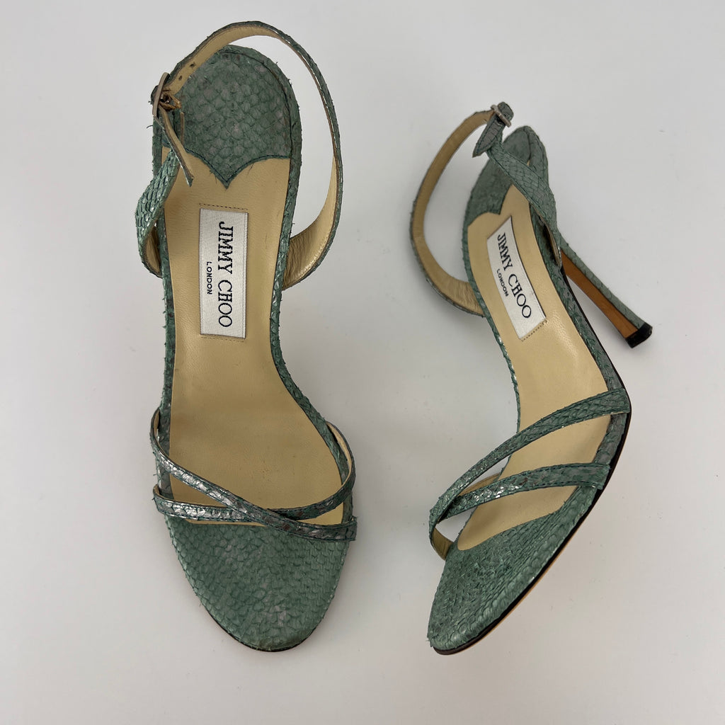 Jimmy Choo | Vintage Metallic Green Snake Leather Sandal Slingback (39.5)