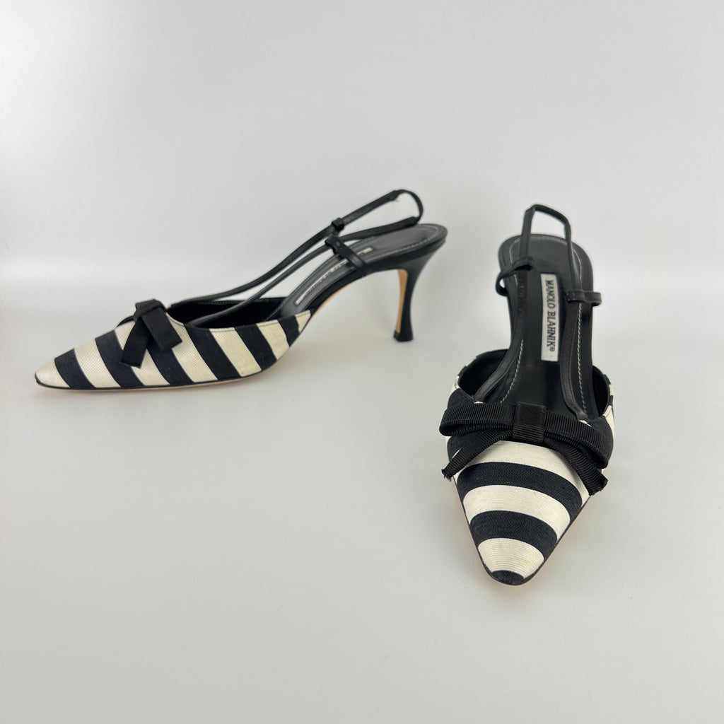 Manolo Blahnik | Galop Black White Stripe Bow Canvas Leather Slingback Heels (39.5)