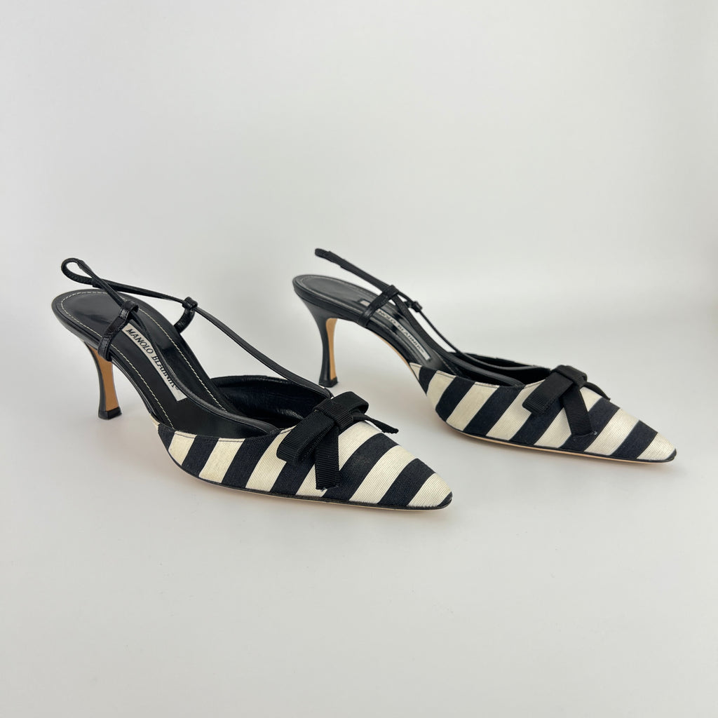Manolo Blahnik | Galop Black White Stripe Bow Canvas Leather Slingback Heels (39.5)