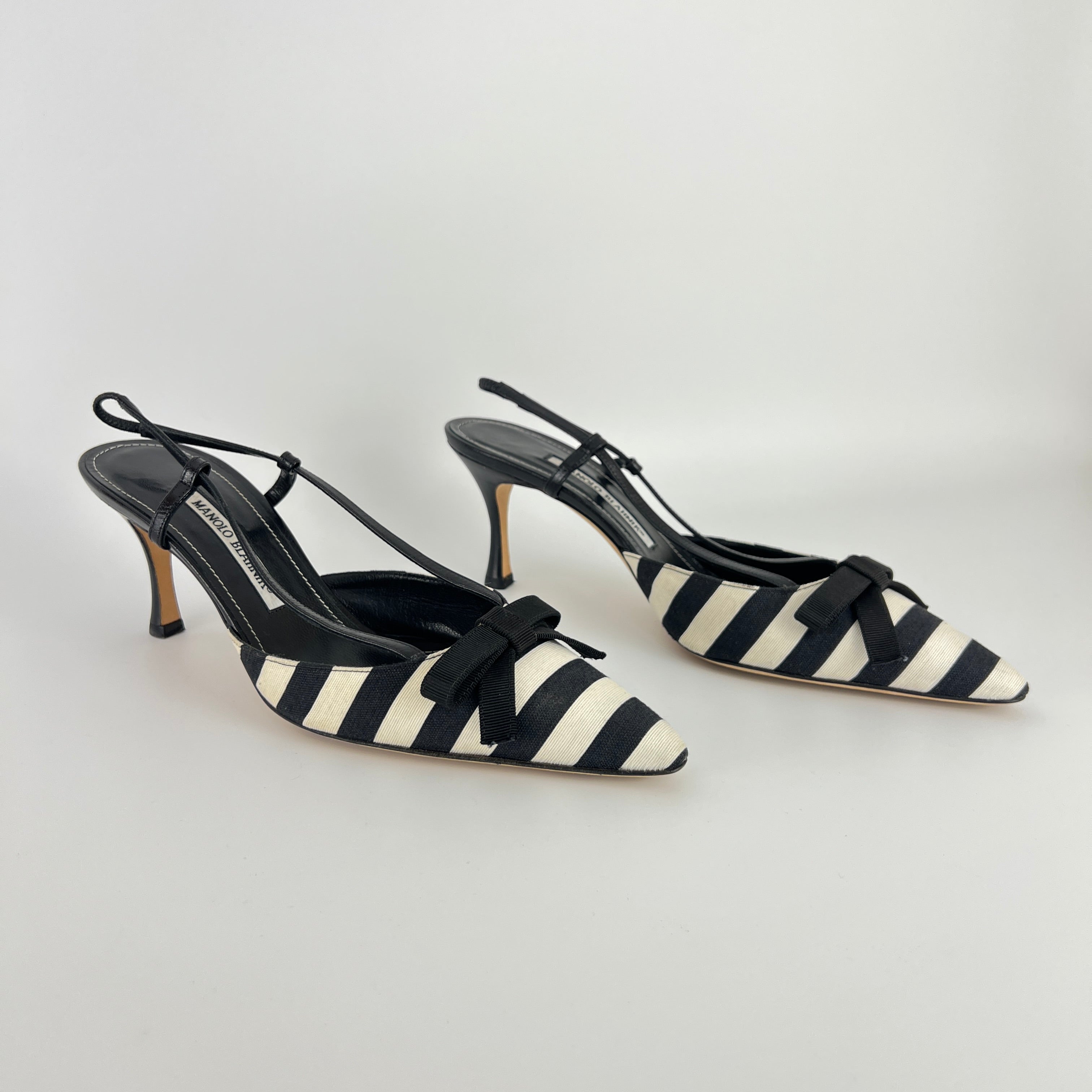 Manolo Blahnik | Galop Black White Stripe Bow Canvas Leather Slingback Heels (39.5)