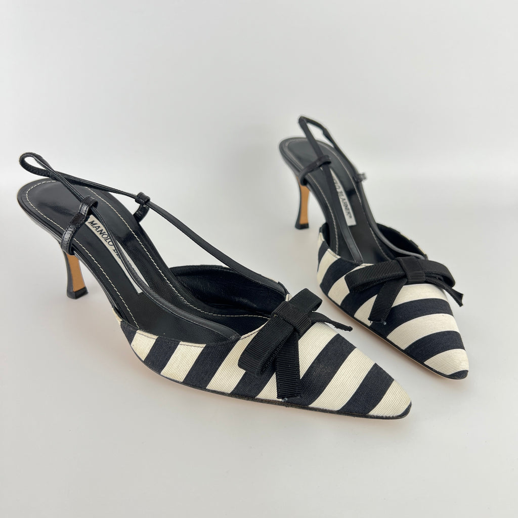 Manolo Blahnik | Galop Black White Stripe Bow Canvas Leather Slingback Heels (39.5)