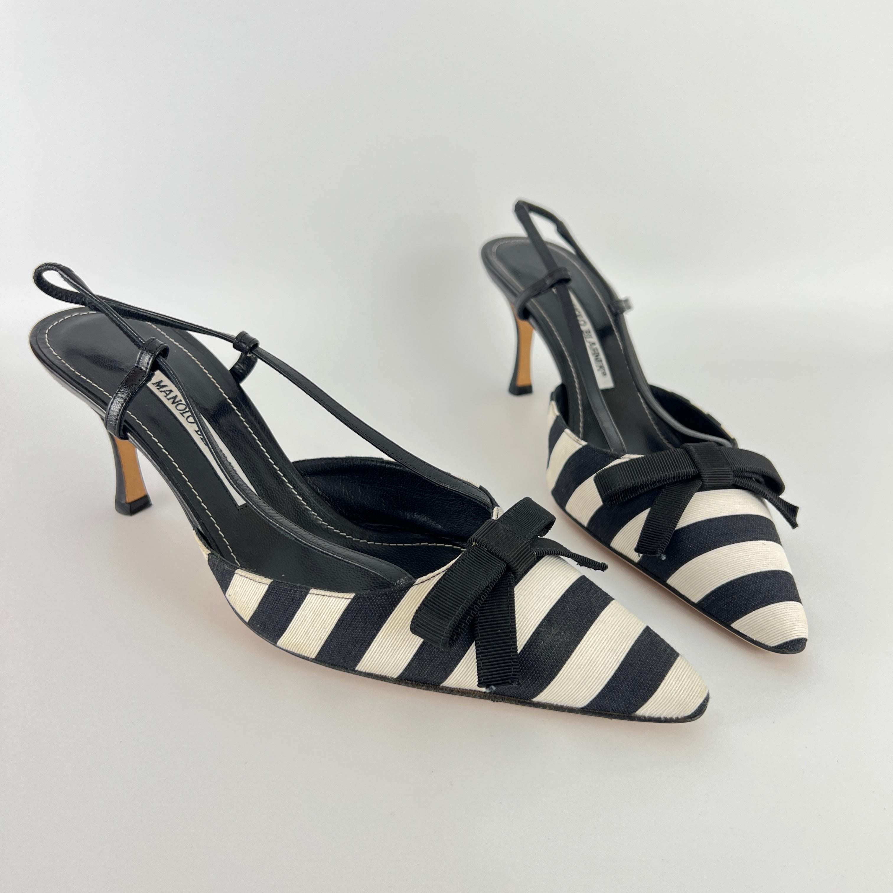 Manolo Blahnik | Galop Black White Stripe Bow Canvas Leather Slingback Heels (39.5)