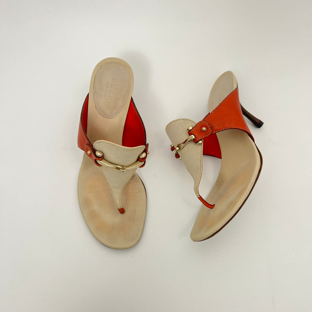 Gucci | Cream Red Leather Gold Hardware Thong Sandal Heels (36.5)