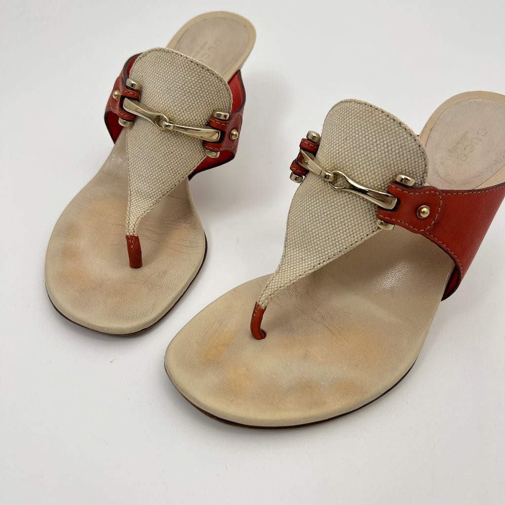 Gucci | Cream Red Leather Gold Hardware Thong Sandal Heels (36.5)